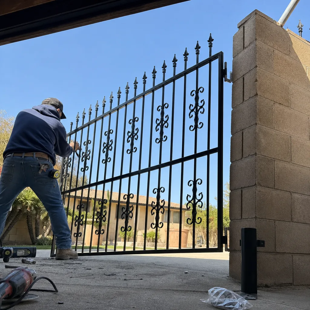 professional gate installer hanging a custom wrought iron driveway gate