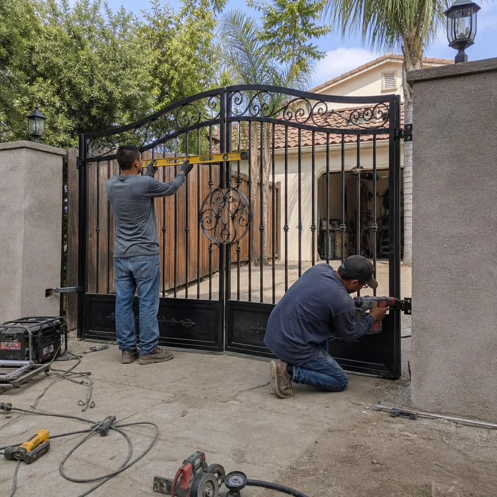 Professional technicians performing custom wrought iron gate installation and repair