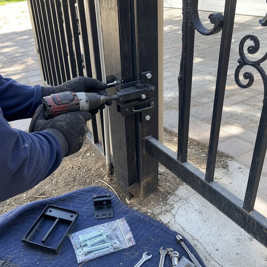 Technician installing new hardware on a black metal residential gate